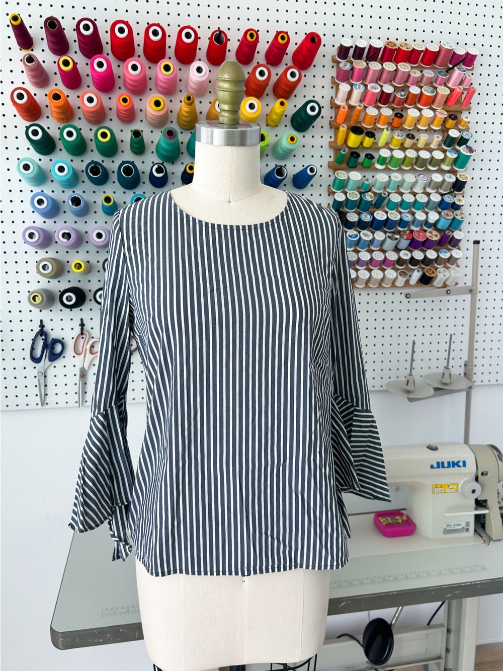 Striped Bell-Sleeve Women’s Top - Black & Gray